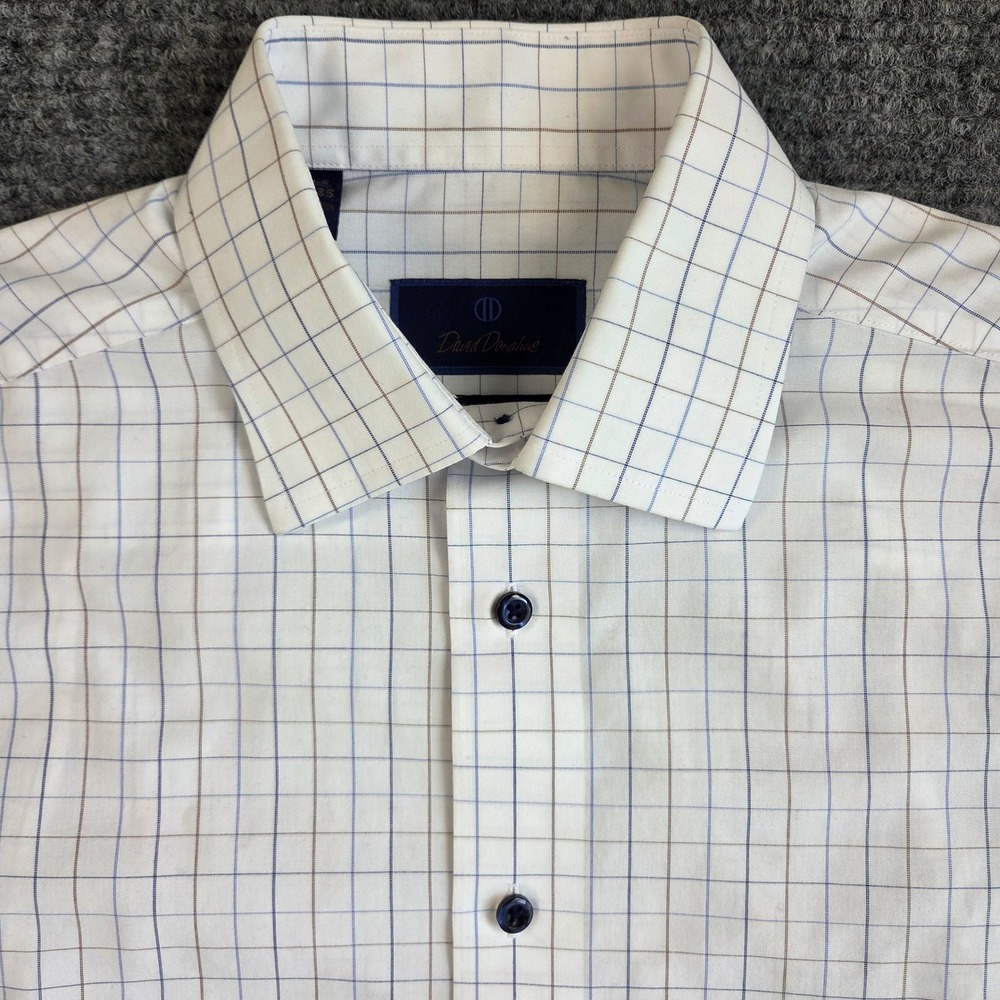 David Donahue Luxury Non Iron Trim Fit Dress Shirt 15.5 34/35 White Blue Check
